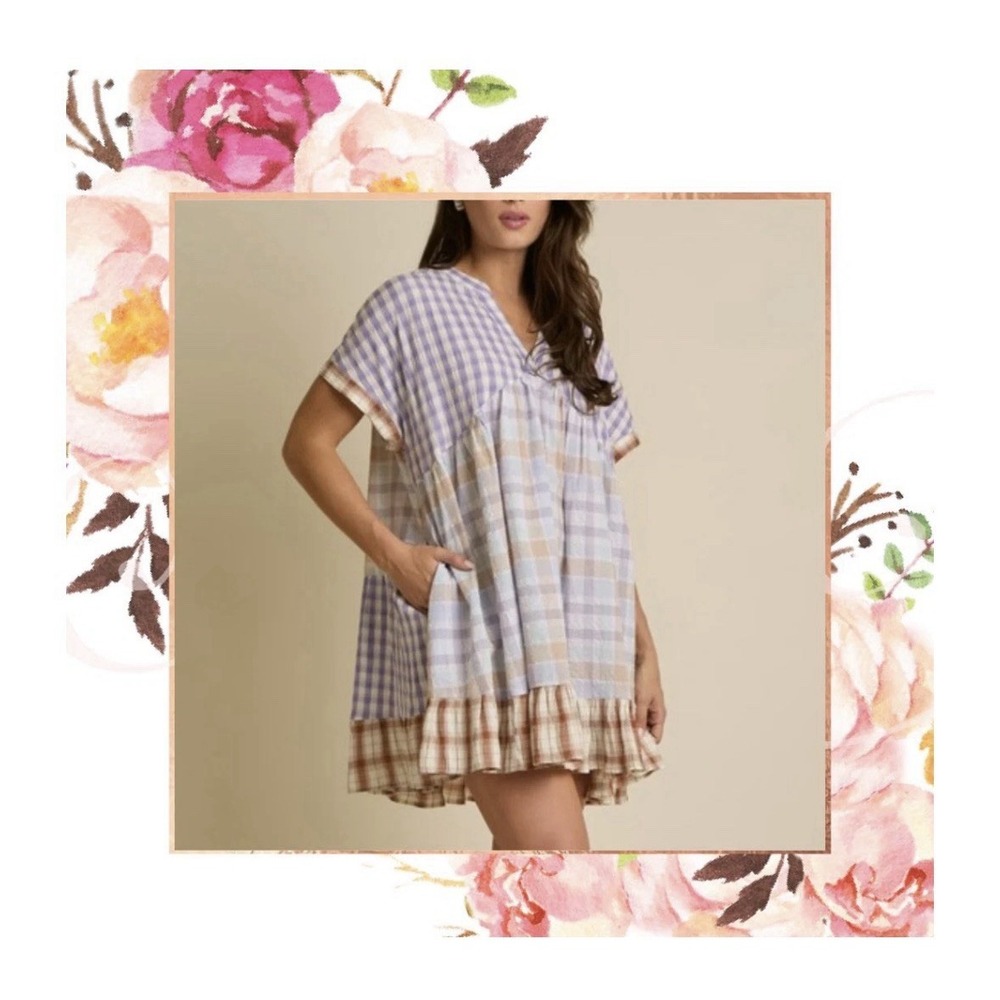 Fantastic Fawn Babydoll Mini Dress Women Large Purple Gingham Plaid Seersucker